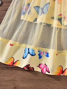 Mono con volantes en el hombro y estampado de mariposas de colores para niñas preadolescentes, estilo vacacional para primavera/verano - Amarillo - Ver 4
