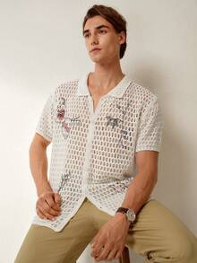 RONVEXI Camiseta de punto casual con bordado hueco de manga corta para hombre, adecuada para la playa - Albaricoque - Ver 3