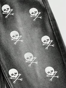 ROMWE MEN Goth 男士宽松水洗印花直筒休闲牛仔短裤 - 黑色 - 查看 4