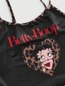 Betty Boop | ROMWE 女士字母卡通印花吊带背心和内裤休闲日常内衣套装 - 黑色 - 查看 3
