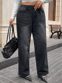 Hourglow Allicaitlin Plus Size Casual Daily Wear Straight Leg Boyfriend Jeans, For Hourglass Body Shape - Black - View 3