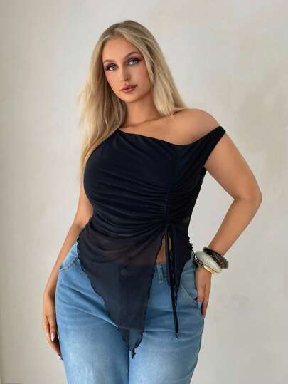 Auralis Blusa di moda da donna taglie forti, di colore unito, con laccetti laterali e spalla obliqua