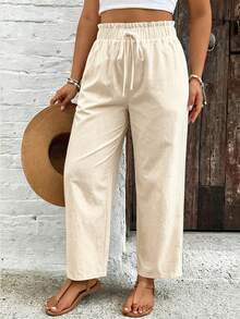SHEIN VCAY 大码女式纯色抽绳腰休闲百搭日常裤 - 杏色 - 查看 3