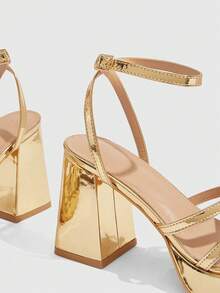 CUCCOO SZL Gold Metallic Block Heel Platform Sandals With Ankle Strap Square Toe Heeled Sandals Summer - Gold - View 3