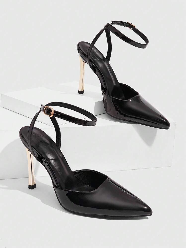 CUCCOO SZL Women Shoes Women's Pointed Stiletto Metal Heel Black Back Ankle Strap Temperament Elegant Fashion Sexy Women's High Heels Shoes Suitable For Parties, Parties, Banquets And Other Occasions Women's Shoes