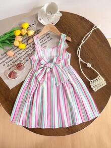 SHEIN 年轻女孩无袖休闲条纹连衣裙，方领 - 粉色 - 查看 3