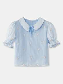 lacRébo Áo kiểu dáng rộng rãi màu xanh dương với họa tiết hoa thêu, vai phồng, cổ khoét hình giọt nước, thích hợp mặc mùa xuân hè. - Màu xanh lam - Xem 7