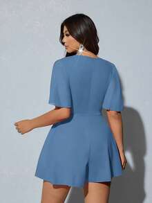 Viva Relle Plus Size Elegant Solid Color V-Neck Ruffle Trim Jumpsuit, Summer - Blue - View 6