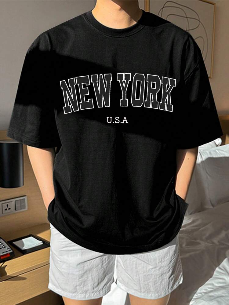 Men's Letter Print Black Short Sleeve T-Shirt, Suitable For Summer,Graphic Tees