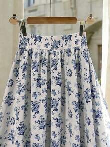 Franclia A字碎花弹力腰休闲半身裙，女士春夏半身裙，适合度假、外出、Y2K风格、春季、夏季、返校季、休闲、海滩、商务等场合，百搭实用，女士蓝白印花休闲半身裙，女士印花半身裙 - 藍白色 - 查看 6