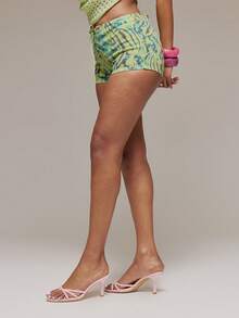 MUSERA Shorts cortos de mezclilla con estampado, de tiro bajo y cordones delanteros, para primavera y verano, ideales para festivales de Ibiza, vacaciones, salidas nocturnas, club y seducción tropical - Multicolor - Ver 3