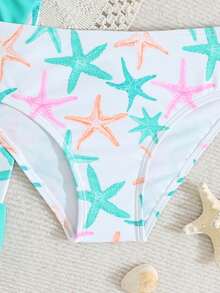 Girls (Small) Printed Swimsuit, Ruffled Trim, 3 PiecesSet - Green - View 6