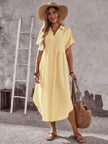 EMERY ROSE Đầm ngắn kẻ sọc vạt lệch không đối xứng dành cho nữ, phong cách thường ngày - Màu vàng - Xem 3