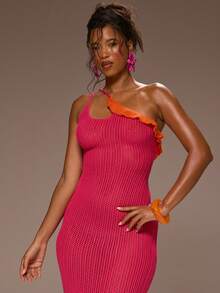 MUSERA Vestido maxi con volantes asimétricos de contraste de punto, primavera y verano, para vacaciones, salidas nocturnas, ocasiones lindas, arenas doradas - Rosa Fucsia - Ver 2