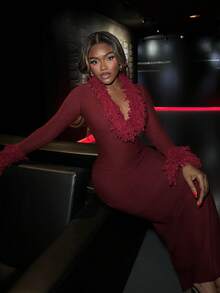 Mariisbox Vestido de suéter maxi de manga larga con cuello en V y volantes para mujer en color burdeos, vestido largo con mangas, vestido burdeos, vestido con volantes, vestido elegante y glamoroso, vestido de fiesta de otoño de estilo nuevo para mujer de lujo, para fiestas, reuniones, banquetes, modestos, de dinero antiguo, con brillo, para fiestas de vacaciones, festivales, salidas, vacaciones, al aire libre, con capas ricas, para temporada de bodas, banquetes, Eid Al-Adha, Año Nuevo, ANCORA rojo burdeos, rojo burdeos, rojo fiesta imprescindible - Burdeos - Ver 2