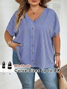 SHEIN CURVE+ Plus Size Summer Casual Striped Batwing Sleeve Shirt - Blue - View 1