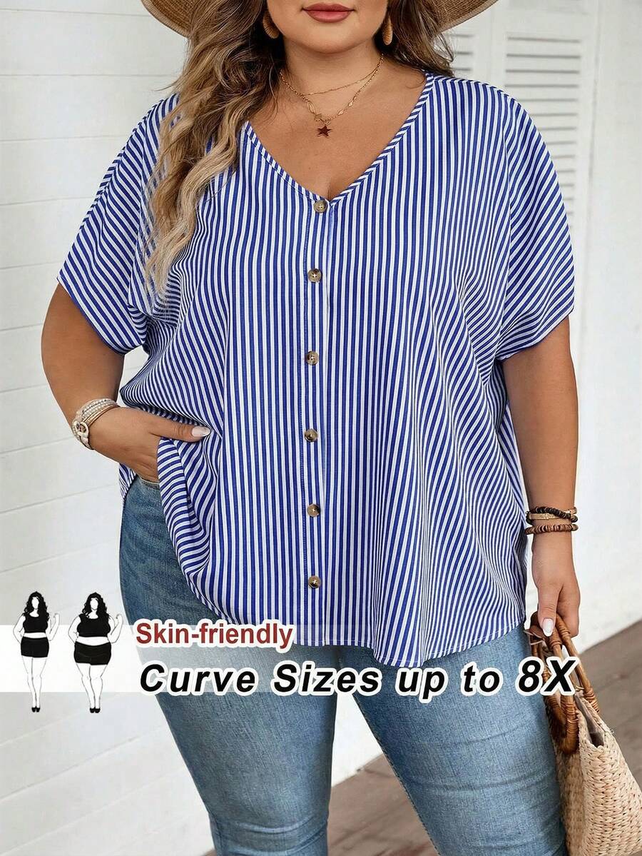 SHEIN CURVE+ Plus Size Summer Casual Striped Batwing Sleeve Shirt - Blue - View 1