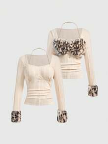 ROMWE J-Fashion Plus Size Y2K Harajuku Leopard Print Frayed Zip-Up Fitted Crop Top For Women - Coffee Brown - View 1