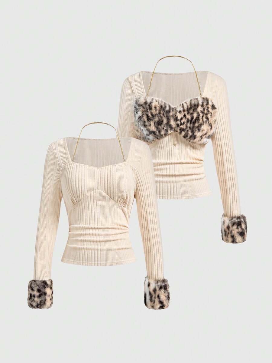 ROMWE J-Fashion Plus Size Y2K Harajuku Leopard Print Frayed Zip-Up Fitted Crop Top For Women - Coffee Brown - View 1