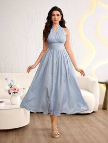 Modelyn Đầm midi kiểu Pháp thanh lịch, cổ yếm, họa tiết hoa cúc màu xanh nhạt, thích hợp cho kỳ nghỉ của phụ nữ. - Màu xanh nhạt - Xem 4