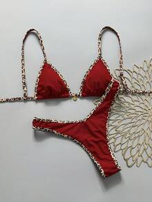 Swim Vcay Women's Red Halter Tie Back Bikini Set With Textured Animal Print And High Cut Bottom - Red - View 2