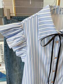 Resyla Áo sơ mi nữ tay ngắn kẻ sọc đen thắt nơ. - Màu xanh lam - Xem 4