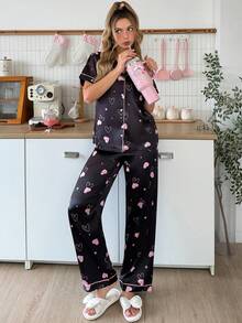 SweetSlumber Women's Sweet Cute Contrast Color Heart & Star Print Lapel Satin Pajama Set - Black - View 5