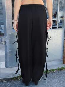 SILVIA DI SANTO Quần Jogger xẻ tà tiện ích màu đen có dây rút có thể điều chỉnh, quần mùa hè thông thường và đa năng cho phụ nữ mặc hàng ngày và đi chơi - màu đen - Xem 3