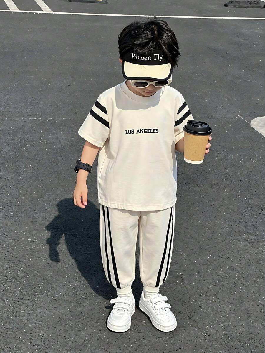 Genkimix Kids 2pcs Young BoySummer Casual Round Neck Printed T-Shirt And Side Design Jogger Pants Set, Suitable For Daily And Outdoor Wear - Apricot - View 1