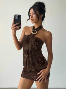 Aloruh 女士 Y2K 前卫性感紧身无肩带金属纽扣装饰吊带扎染印花迷你超短紧身连衣裙 - 棕色 - 查看 3