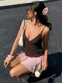 MainGRL Women's Casual Coffee Brown Quilted Camisole, Suitable For Vacation & Valentine's Day - Coffee Brown - View 4