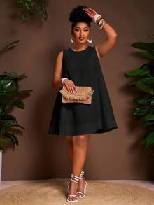 Veslaya Vestido mini blanco suelto sin mangas de línea A de talla grande, vestidos de verano, nueva llegada de primavera/verano para vacaciones y casual - Negro - Ver 6