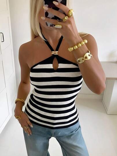 Aloruh Women's Elegant Striped Crochet Knit Top, Suitable For Music Festivals, Vacations, Work, Business Casual, Weddings, Dates, Parties And Casual Outings. Ideal For Spring/Summer Music Festivals, Easter, St. Patrick's Day, Western/Boho Style, Birthday Parties, Graduations, College, School Uniforms, Everyday Wear, Casual Attire, Holidays, Cruises, Beaches, Sunbathing, Best Sellers, Streetwear, Boho Wedding Guests, Commuting, Brunch And Airport Fashion.