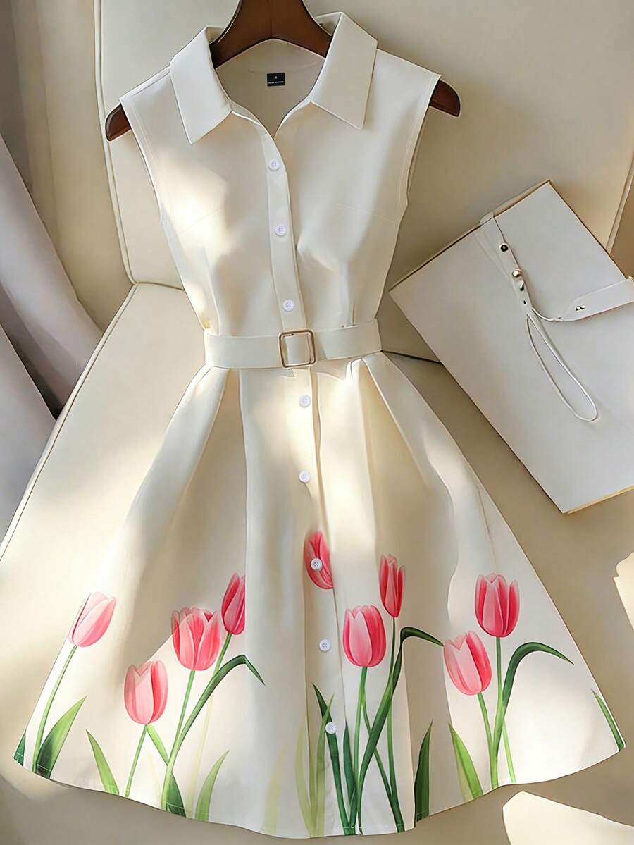 SHEIN Franclia 女士无袖修身郁金香印花纽扣衬衫裙 - 白色 - 查看 1