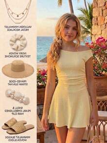 Tween Girls' Dress With Asymmetric Shoulder Design, Elegant Yet Slightly ; Pleated Waist Shaping, A-Line Skirt With Soft Draping, Flattering Leg Line. Suitable For Summer And Spring/Autumn Seasons. - Yellow - View 4