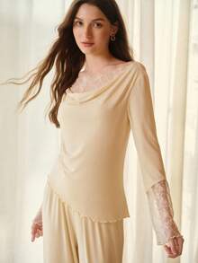 MOTF PREMIUM Bộ đồ mặc nhà mùa xuân/hè mới, chất liệu modal dệt kim phối ren, cổ áo xếp nếp, thiết kế bất đối xứng, thanh lịch, gợi cảm, thoải mái, gồm áo tay dài và quần dài dành cho nữ. - Màu be - Xem 6