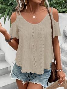SHEIN LUNE Kaos Wanita Kasual Model Off-Shoulder dengan Bordir Jala, Musim Panas - Khaki - View 3