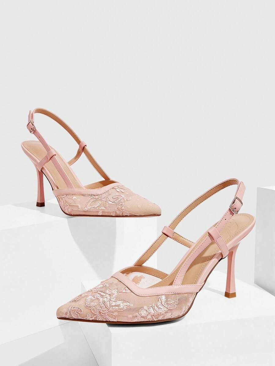 CUCCOO SZL Solid Color Patchwork Metal Decor Simple Casual Women High Heel Pumps Spring Shoes Spring Break Easter Prom Heels For Christmas - Pink embroidery thread mesh - View 1