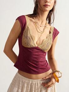 Bohemela 休闲纯色针织撞色蕾丝修身女式T恤 - 紅色 - 查看 7