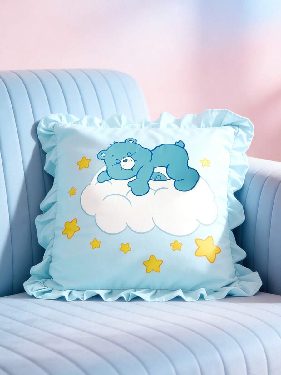 SHEIN X Care Bears 1 Funda de almohada decorativa de encaje con diseño de dibujos animados, funda de almohada rosa, material transpirable y suave, cómoda y cálida, lavable a máquina, variedad de tamaños para elegir, adecuada para diferentes almohadas, buen regalo - Azul - Ver 1