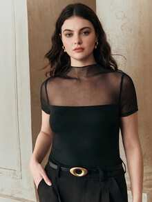 Anewsta Plus Size Women Black T-Shirt,Sheer Mesh Splice Short Sleeve Elastic Fitted Elegant Night Out Club Girlism Autumn Fashionable Casual Party Top - Black - View 7