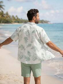 VENTUSAIL 夏威夷棕榈叶印花男士轻薄宽松短袖纽扣衬衫 - 薄荷綠 - 查看 2