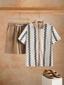 VENTUSAIL Bộ áo sơ mi và quần short dệt kim jacquard thường ngày dành cho nam giới, thích hợp cho kỳ nghỉ. - Nhiều màu - Xem 3