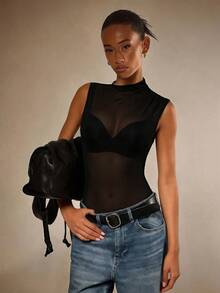 Athîral 女士性感透视网纱无袖连体衣，夏季 - 黑色 - 查看 1