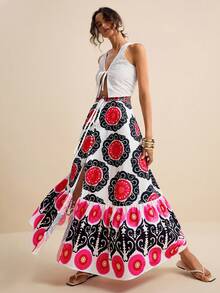 LOTSLUV Chân váy nữ phong cách Bohemian, họa tiết totem, cạp xoắn, xẻ tà cao, thích hợp cho kỳ nghỉ xuân/hè. - Nhiều màu - Xem 5