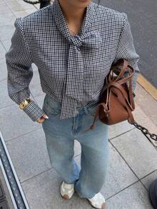 Elyressa Women's Casual Plaid Tie Collar Blouse, Spring/Autumn - Blue and White - View 6