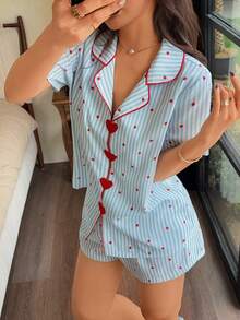 Napfluff Blue Striped & Red Polka Dot Print Short Sleeve Collared Top And Shorts Loose Fit Women Embroidered Heart Pajama Set - Blue - View 6
