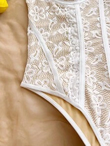 Soleia Áo corset họa tiết da báo viền ren, áo hai dây gợi cảm, thích hợp cho kỳ nghỉ, tiệc tùng, hẹn hò, ngày Valentine, tiệc trà chiều. - trắng - Xem 4