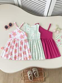 SHEIN Playful Pals 3件套女婴时尚多巴胺色无袖连衣裙套装，夏季户外 - 彩色 - 查看 1