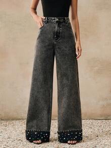 Black Design Rhinestone Embellished Loose Casual Straight Leg Wide Leg Jeans For Women, Spring New Arrival - Black - View 1